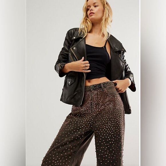 One Teaspoon Embellished Love Machine Jeans Wide Leg Dark Wash Sequin Studded - Picture 3 of 14